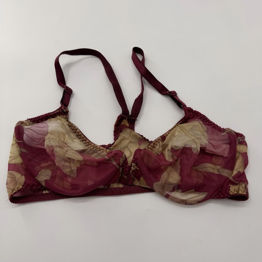 Vintage Victoria’s Secret Second Skin Bra Unlined Bralette Red Leaf Flower 36C